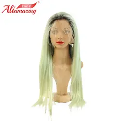 Али удивительные волосы Синтетические волосы на кружеве человеческих волос парики для женский, черный корни зеленый предварительно