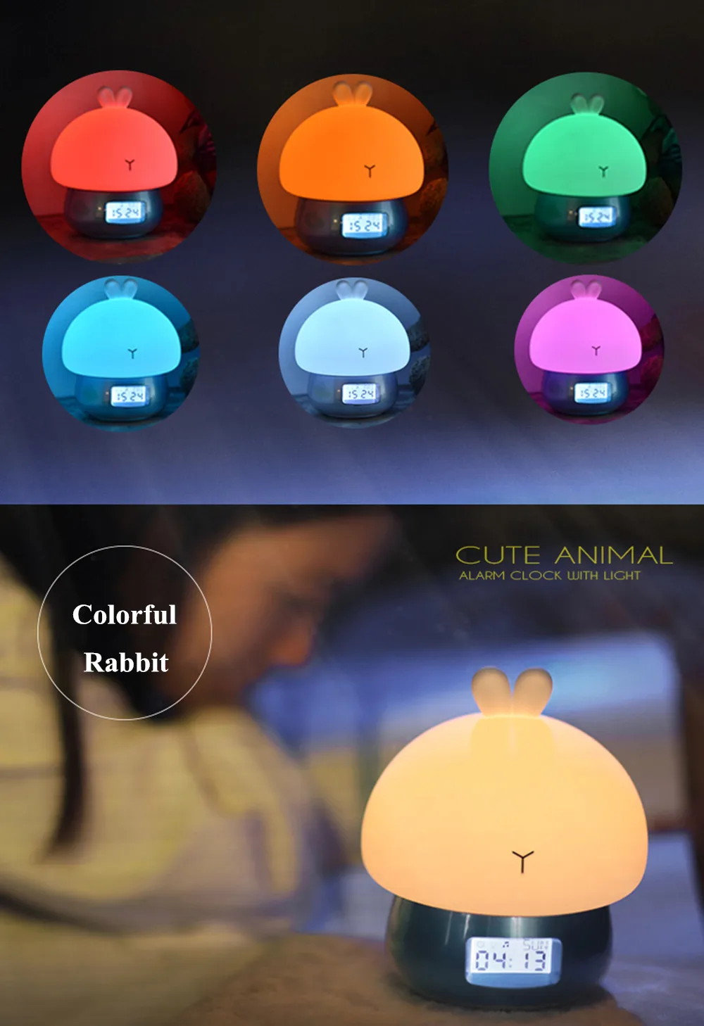 SuperNight 2 in 1 Rabbit LED Night Light with Alarm Clock Remote Touch Sensor Colorful USB Silicone Children Kids Bedside Lamp (2)