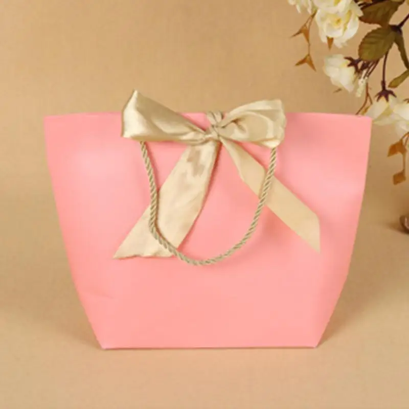 5 шт./лот, бумажный пакет, Экологичная сумка с бантом, Сумка с лентой, подарочная сумочка для вечеринки, дня рождения, свадьбы, торжества, Подарочная сумка#2 - Цвет: Pink