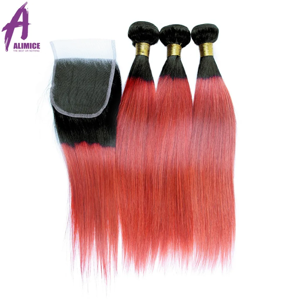 Alimice Ombre Bundles With Closure Brazilian Straight Hair 3 Bundles With Lace Closure 1BLight Pink Colored Human Hair Weave  (1)