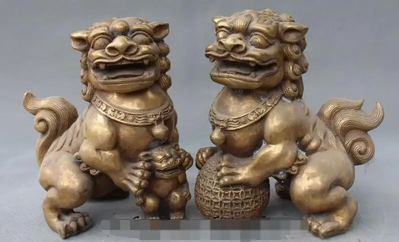 

S3413 9" Chinese Bronze Gild Feng Shui Foo Fu Dog Guardion Lion Ball Kid Statue Pair
