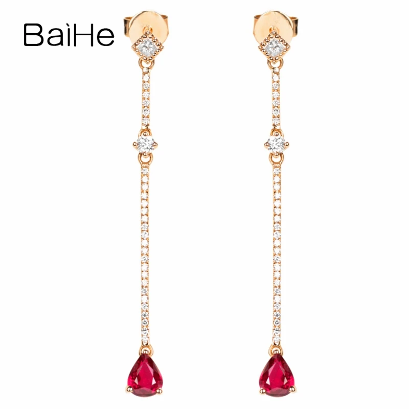 

BAIHE Genuine Solid 14K Rose Gold Ruby Long Water droplets Stud Earrings Women Trendy Fine Jewelry boucle d’oreille серьги