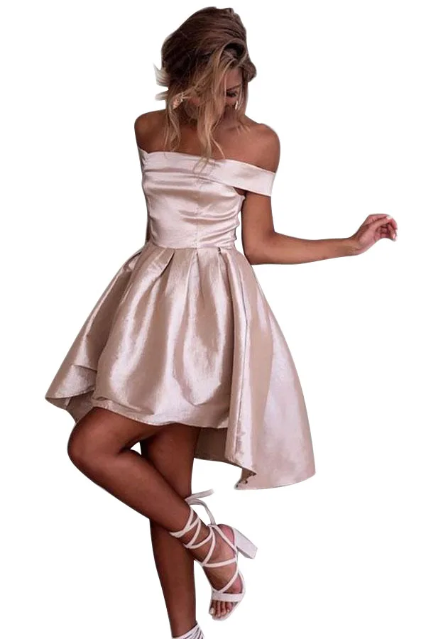 

Elegant Dresses Women Party Summer Pink Off Shoulder Pleated Satin Homecoming Skater Dress Vestido de Festa 2 Colors