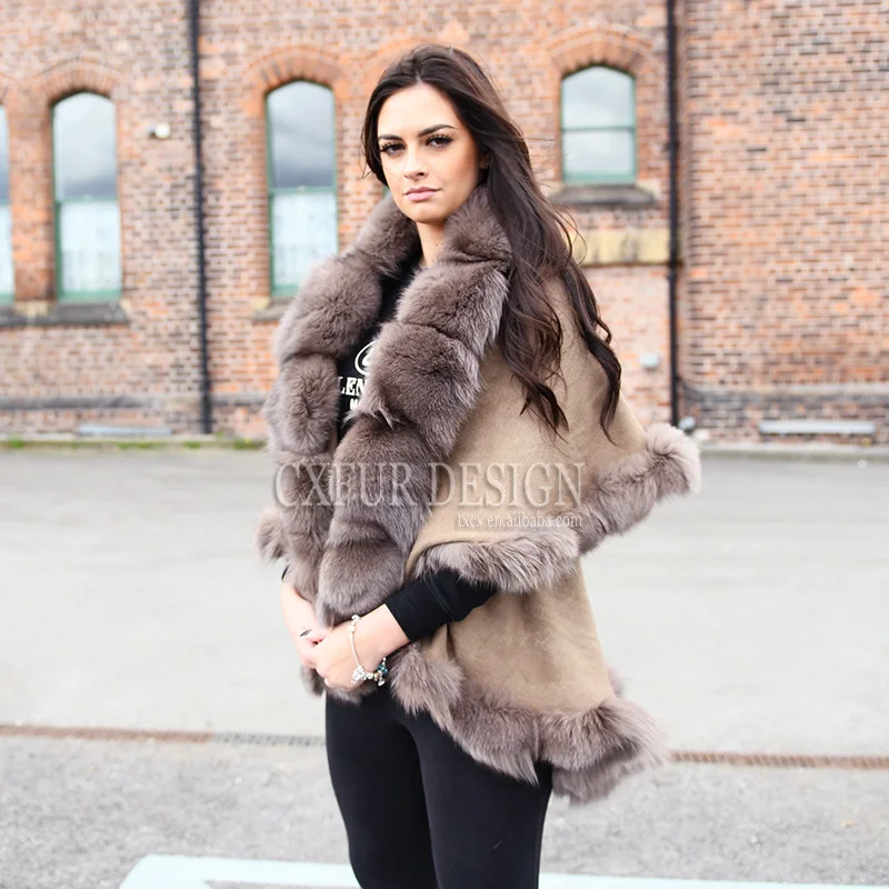CX-B-P-45C Autumn Fashion New Real Patchwork Fox Fur Around Knitted Poncho Shawl |