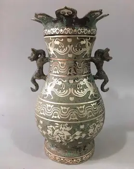 

Chinese Warring States bronze hand-made silver plating Double dragon vase