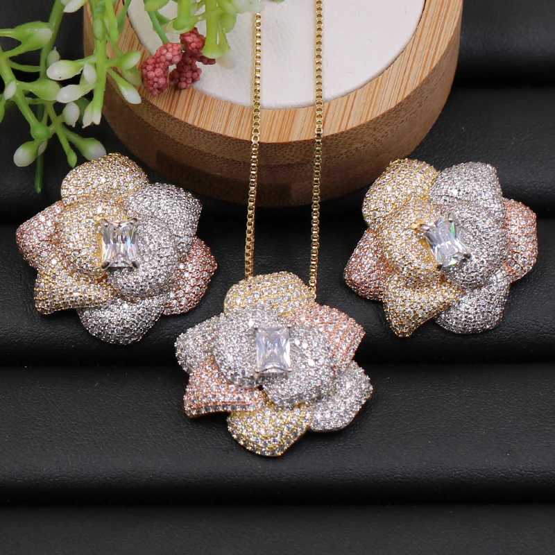 

LanRuiSha Jewelry Set Shining Special Flower Cubic Zircon Full Micro Paved Necklace with Earrings for Anniversary Luxury Best Gi