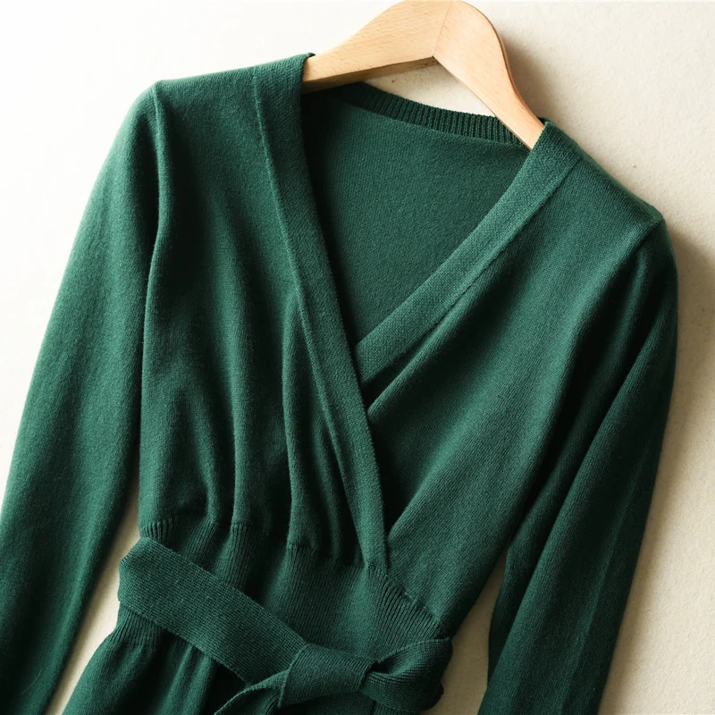 HZYRMY Spring and Autumn New Women's Cashmere Sweater Dress V-Neck Fashion Long Solid Color Dress Wool Knit Pullover Loose Skirt Sweaters