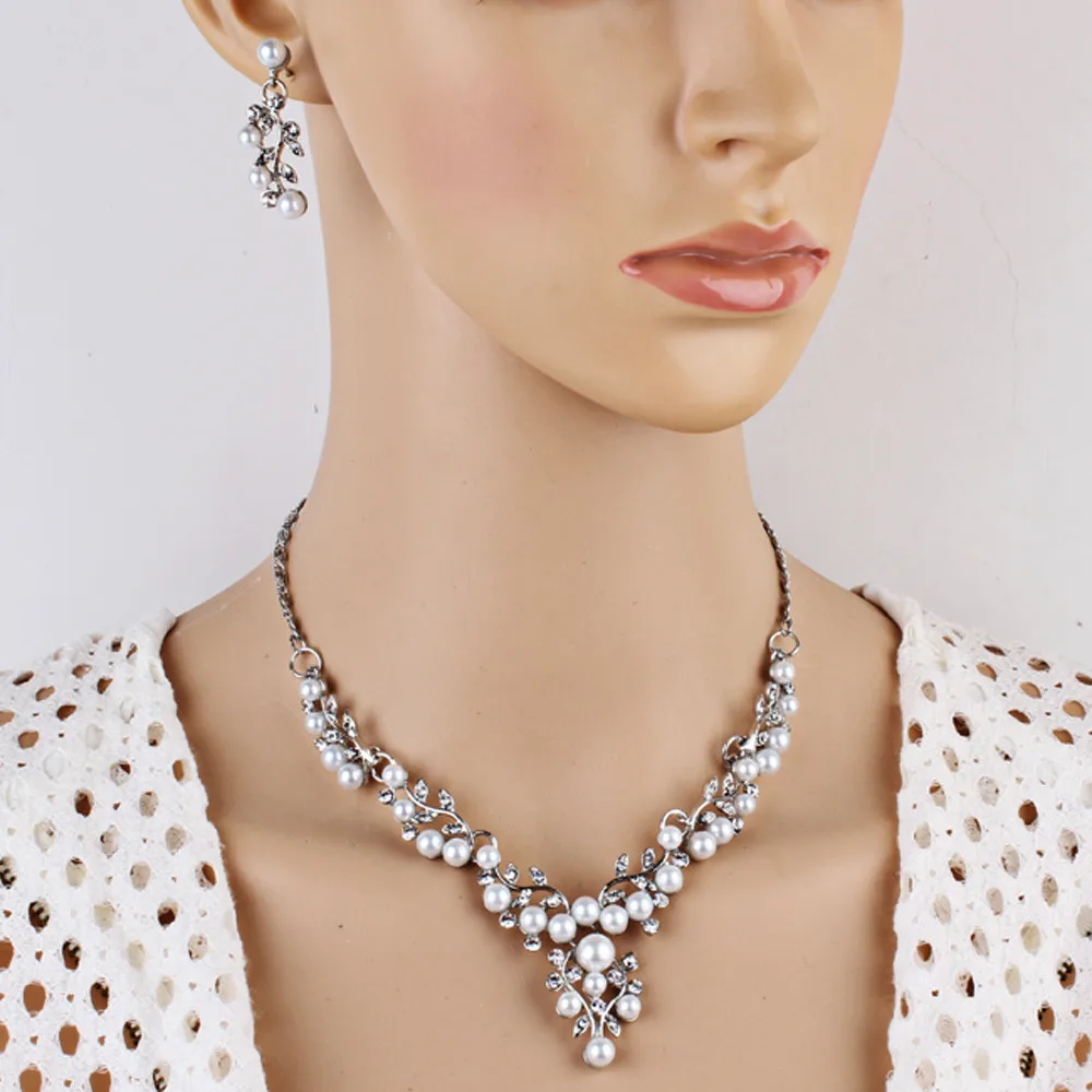 

Women Charm Wedding Bridal Jewelry Set Simulated Pearl Rhinestone Top Ladies Elegant Party Bib Necklaces Earrings Jewelry Sets