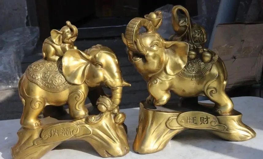 Chinese Brass Auspicious Elephant Blessing Wealth gourd Bat Fu Statue