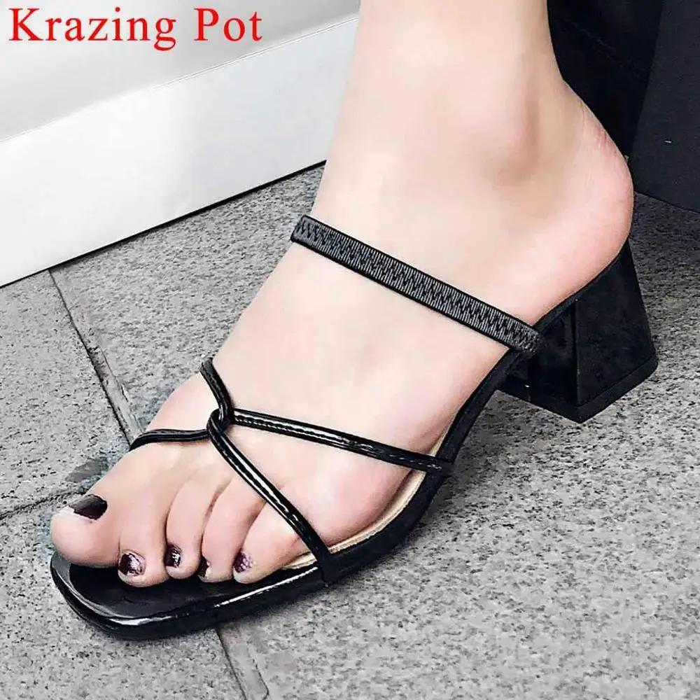

Krazing Pot new arrival thick med heels slip on women sandals peep square toe preppy style sexy girls mules summer shoes L53