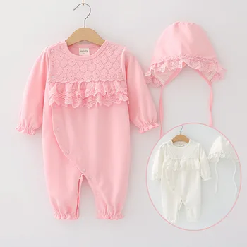 

Baby Girl Cotton Romper With Cap Lace Long Sleeve 1piece Overall White Pink Thin Sleeping Bag Infant Girl Clothing Gift 3m 6mNew