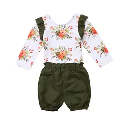 Комплект из 2 предметов, мягкая хлопковая одежда для маленьких девочек, комплекты одежды футболка с цветочным принтом и оборками Топы