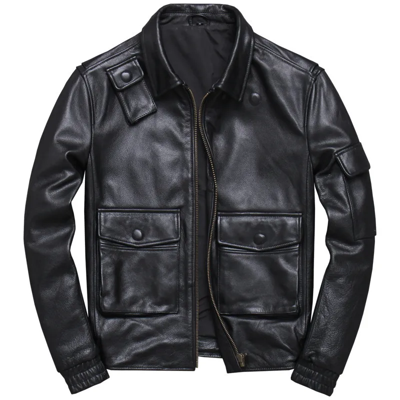 

2019 Black Men American Casual Leather Jacket Plus Size XXXL Multiple Pockets Genuine Cowhide Spring Natural Coat FREE SHIPPING