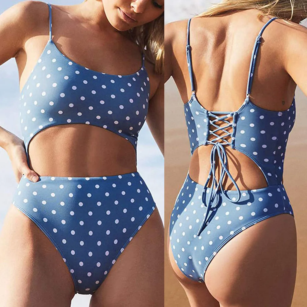 Swimwear Women Scoop Neck Cut Out Front Lace Up Back High Monokini One Piece Bikini Swimsuit Beachwear Swimming Bathing suit |