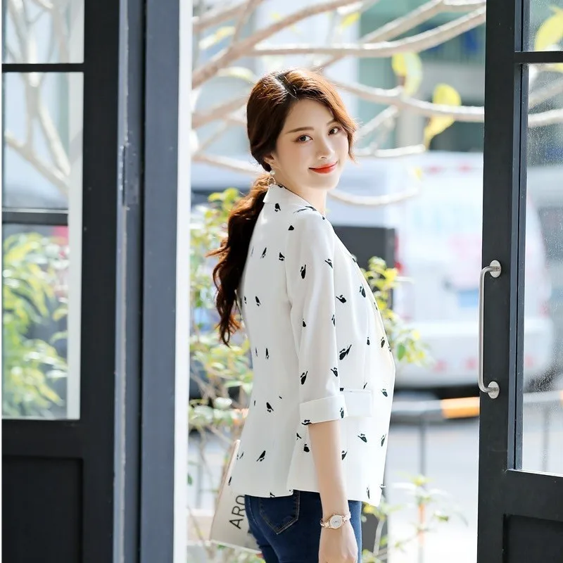 Novelty White Fashion Printed Formal Blazers and Jackets Half Sleeve for Women Business Work Wear Jackets Coat Outwear Tops