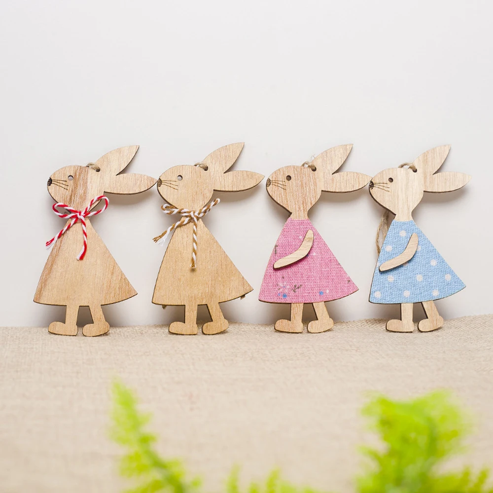 3PCS/lot Lovely Easter Rabbit Wooden Decoration DIY Wood Hanging Crafts