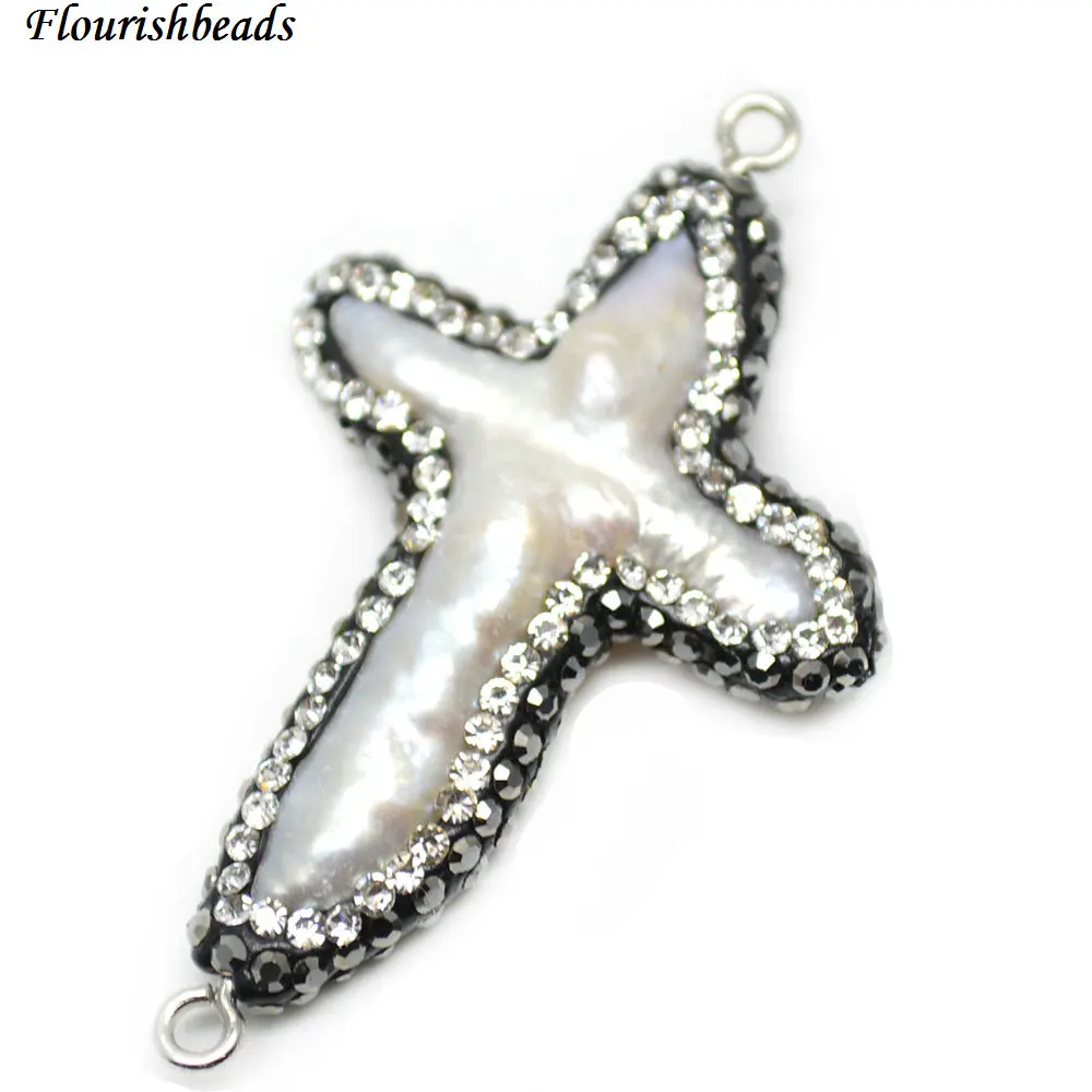 

Two Loops Paved Black Crystal Beads Irregular Cross White Peral Pendant Jewelry Connectors