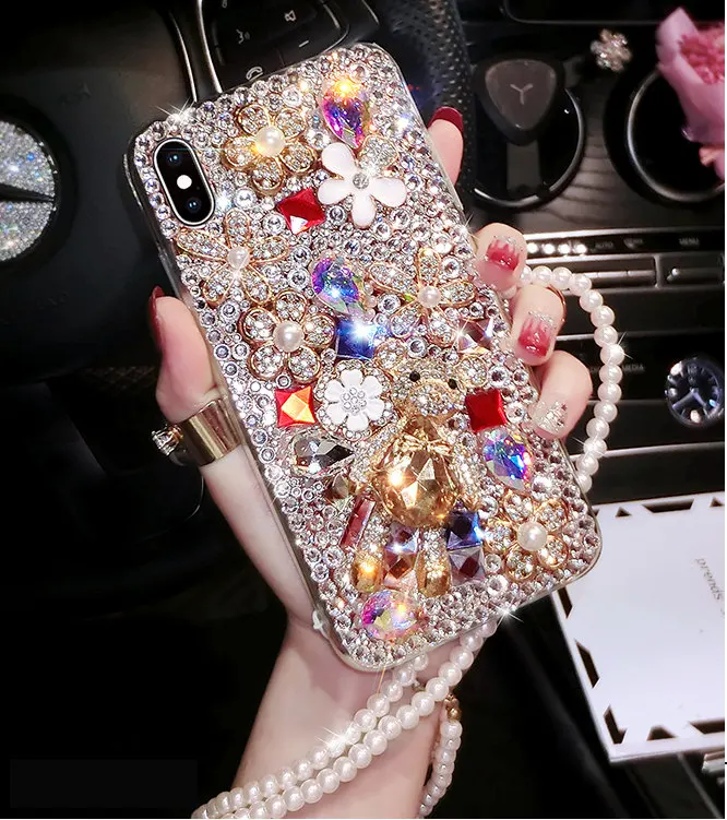 

For LG G2 G3 G4 G4C G5 mini Leon C40 K10 V10 L70 L90 Google Nexus 4 5 5X Handmade Rhinestones case Crystal cover Bear Style