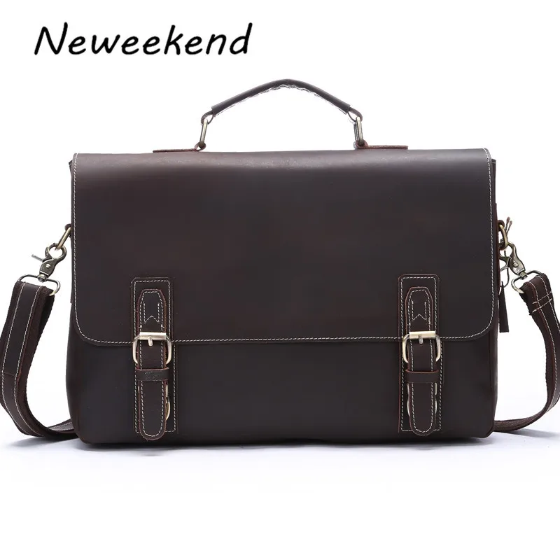 

NEWEEKEND Retro Casual Genuine Leather Crazy Horse 15 Inch Cowhide Crossbody Handbag Briefcases laptop Bag for Man 8069