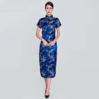 

Oversize S-3XL 4XL 5XL 6XL 2020 Women Rayon Satin Qipao Floral Elegant Slim Prom Party Dress Vintage Mandarin Collar Cheongsam