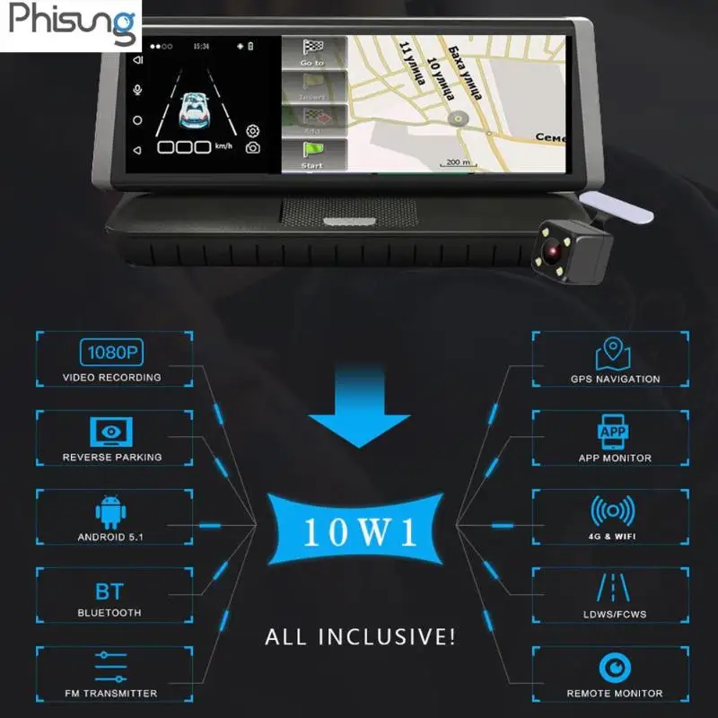 Phisung E02 8in 4G WiFi Android Full HD 1080P Автомобильный видеорегистратор Камера для панели, GPS Cam