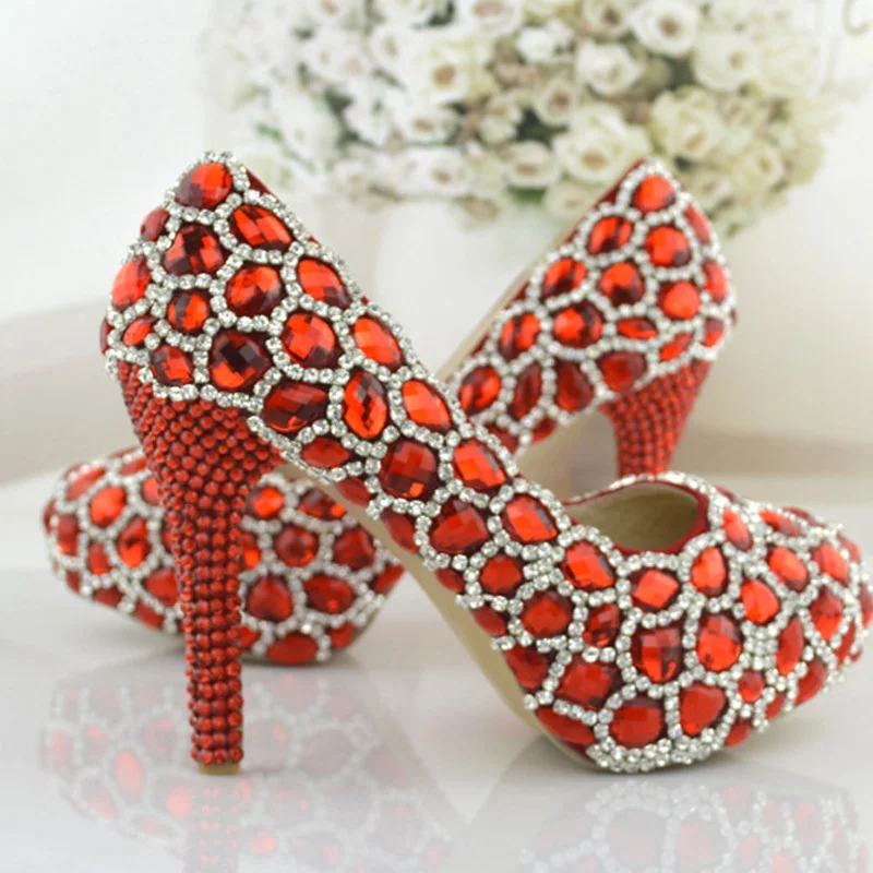 Rhinestone High Heels Formal Shoes Red Wedding Shoes Elegant Performance Banquet Crystal Party Platforms Fashion font