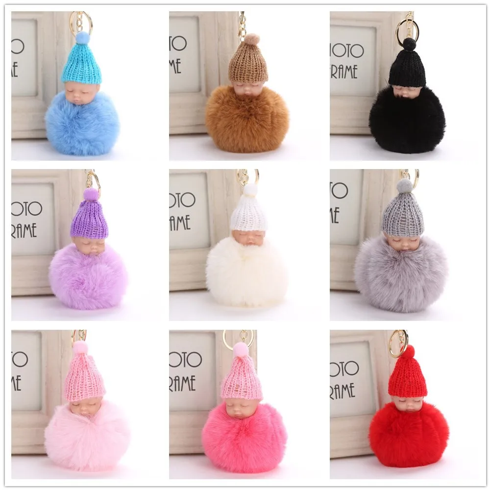 Cute Pink Fluffy Pompom Keychain Flamingo Key Chain Fake Rabbit Fur Ball Women Car Bag Pompon Ring Pom Holder | Украшения и