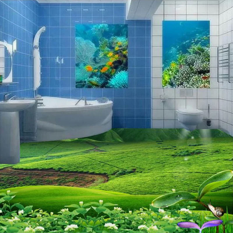 

Customized Any Size Green Meadow Living Room Bedroom Bathroom PVC Waterproof Self-adhesive Floor Painting Wall Wallpaper Decor