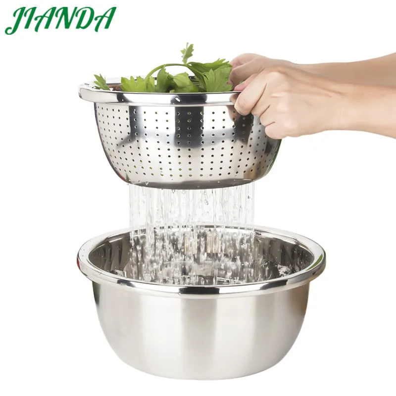 

JIANDA Mesh 30cm 304 Stainless Steel Strainer Vegetables Colander Bowl Over the Sink Washing Zeef Basket Kichen Accessories Tool