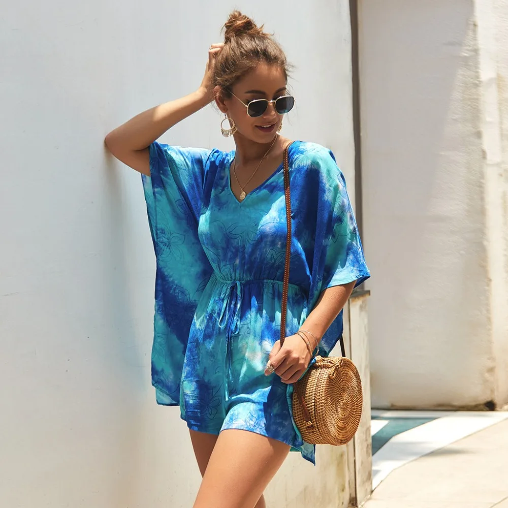 

Women Jumpsuits Fashion Boho Casual Dye Print Short Sleeve Ladies V-Neck cotton blend Short Jumpsuits combi pantalon femme 35#