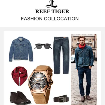 

Reef Tiger Leather Strap Top Mens Watches Rose Gold Waterproof Automatic Watches Mechanical Luxury Tourbillon reloj hombre+gift