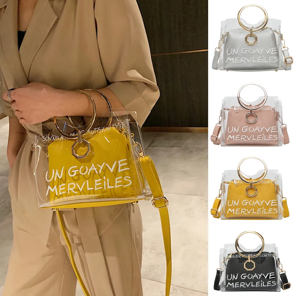 

Woman Fashion Clear Jelly Shoulder Bags Ladies Metal Ring Leisure Hand Bags