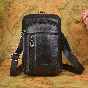 

CHEER SOUL Men's Genuine Leather Male Small Shoulder Bags Cowhide Mobile phone bag Waist Bag Hanging Purse Multi function Bag