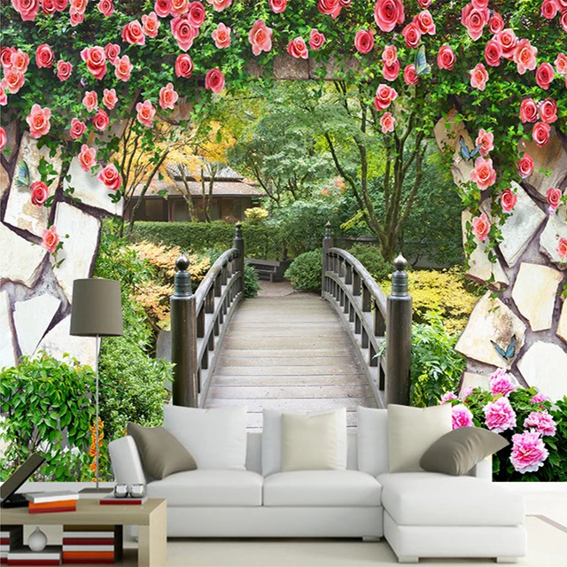 3D Wall Mural Garden Flowers Wall Wooden Bridge Landscape Photo