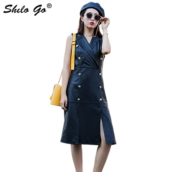 

Elegant Leather Dress Womens Summer Turn Down Double Breasted Sheepskin Genuine Leather Split Dress Slim Female Pencil Dress