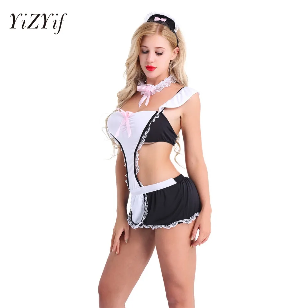

YiZYiF Sexy Women French Maid Cosplay Costume Maidservant Role Play Outfits Halter Babydoll Dress Cute Anime Maid Lingerie Set