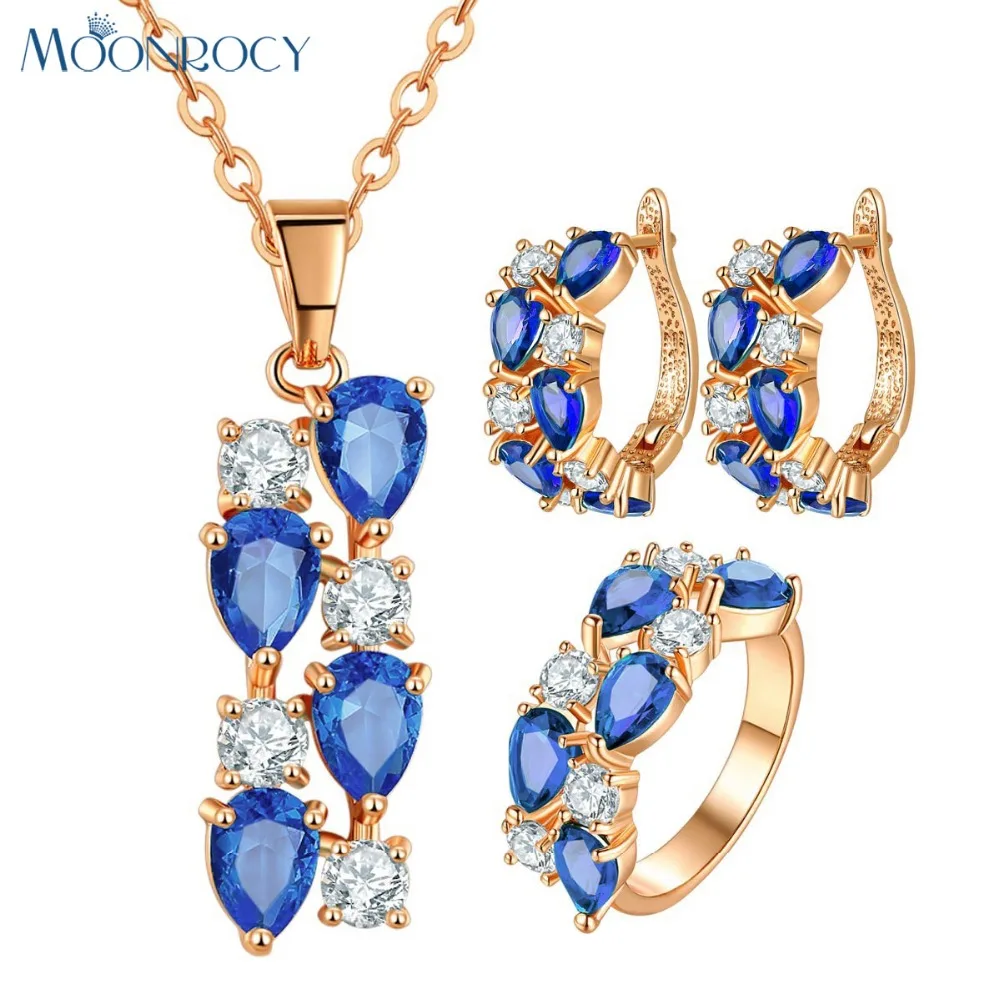

MOONROCY Rose Gold Color Blue Red Green CZ Necklace Earring and Ring Jewelry Set Wholesale for Women Gift Drop Shipping