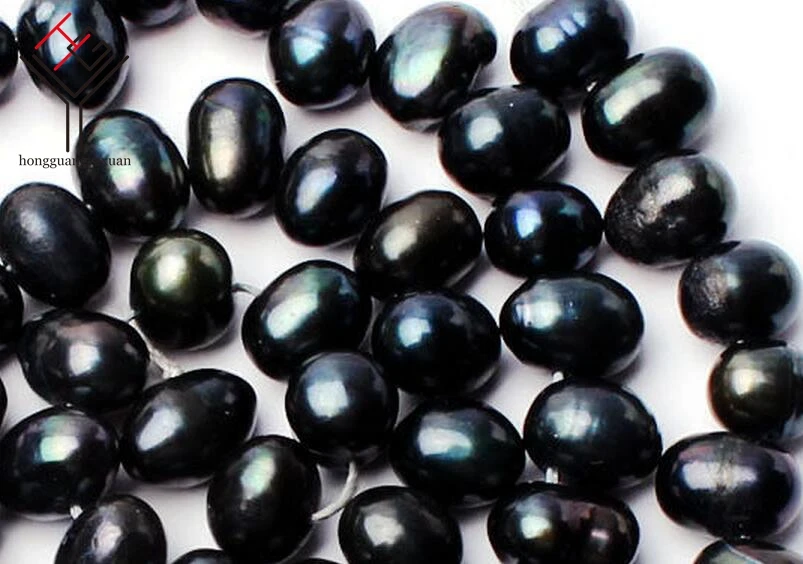 One Strands Real Pearl 9mm Bright Deep Black Pearl oval Elongated