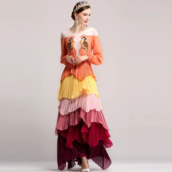 

High quality autumn women's runway long dress lace embroidery Patchwork multicolor Cascading Ruffle pleated Vintage Maxi dress