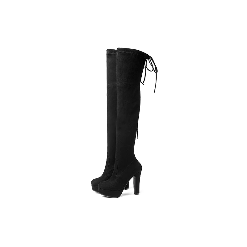 WETKISS/; высокие сапоги до бедра на Высоком толстом каблуке; Новейшие женские эластичные сапоги выше колена на платформе; женская зимняя обувь из искусственной замши на молнии