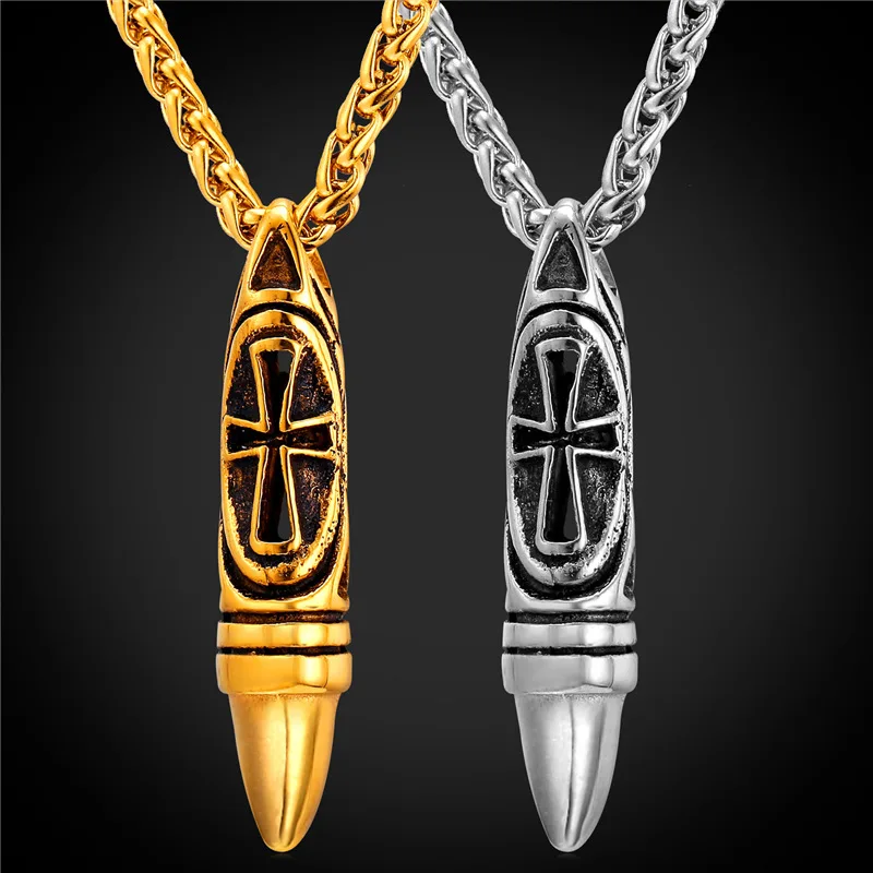 Bullet Necklace Charms Pendant Jewelry Wholesale 316L Stainless Steel/Gold Color Chain For Men