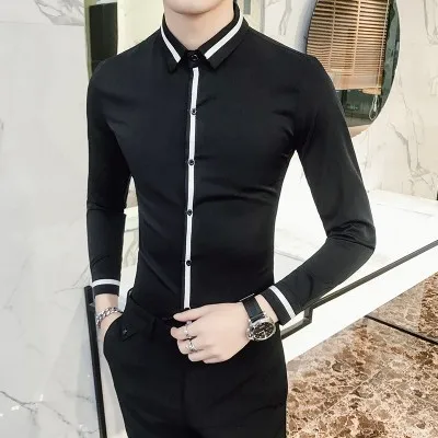 Camiseta Masculina, приталенная мужская рубашка-смокинг,, с длинным рукавом, Chemise Homme, в полоску, размера плюс, повседневная, для ночного клуба, мужская рубашка - Цвет: Черный