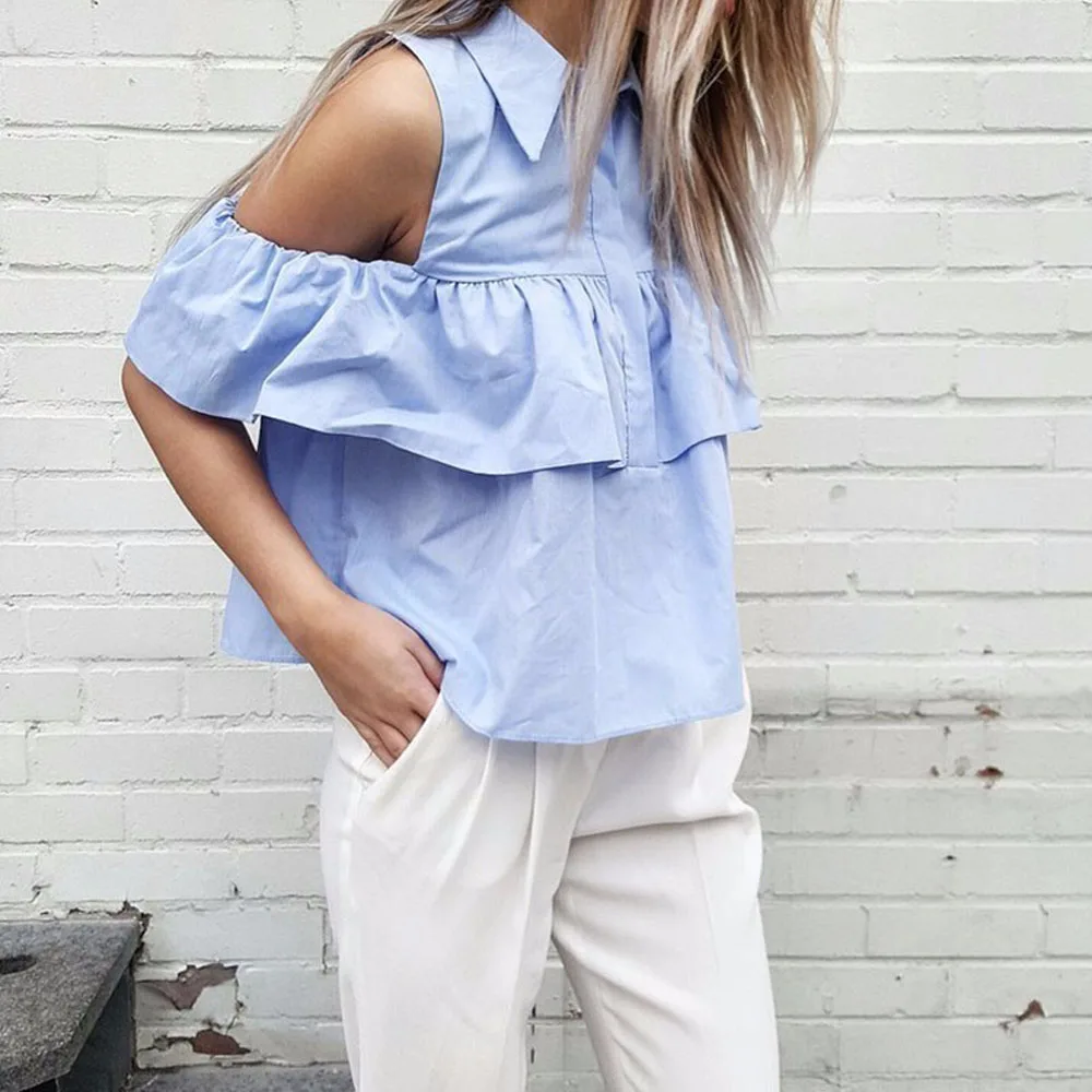 VESTLINDA Summer Women Off the Shoulder Ruffles Blouse Shirts Turn Down Collar Casual Sexy Tops Chemise Femme Work Office Blusas 9