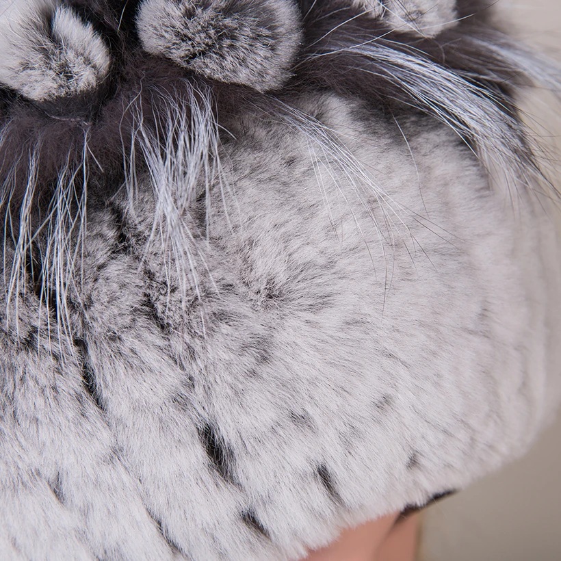 ФОТО Women Fur Hat for Winter Genuine Rex Rabbit Fur Skullies with Silver Fox Fur Pom Poms Top Beanies Elastic Russian Fur Cap