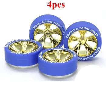 

4Pcs 95098 Wheel 35th Anniversary Medium Caliber Plated Gold Hub Blue Tire for RC Model Car DIY Tamiya Mini 4WD Racing Ca