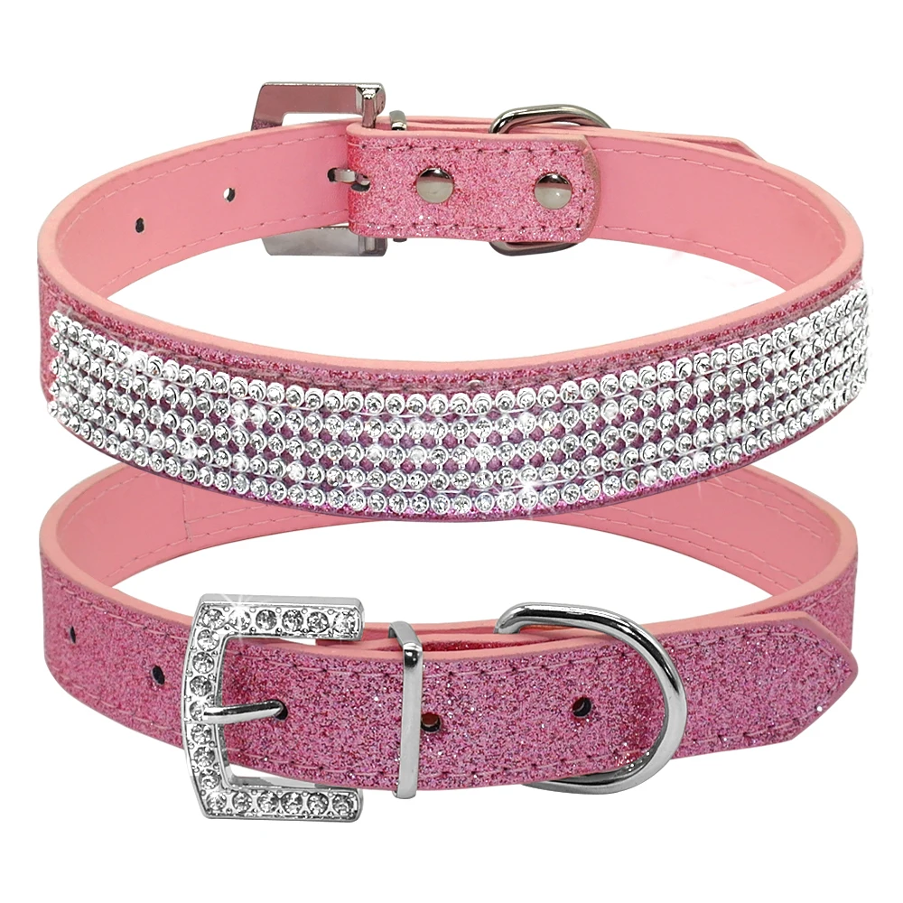 Pink Bling Diamante Rhinestone PU Leather Cat Dog Collars Pink for Small Medium Dogs Chihuahua Yorkie 5 Colors Size XS S M L - Цвет: Pink