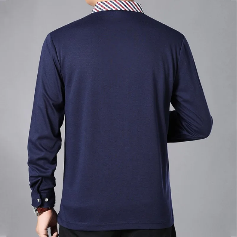 Spring Autumn Men Long Sleeve T-shirt Lapel Collar Business Man Casual Slim Fit Tops Father T-shirts Pullover Tees Solid Color