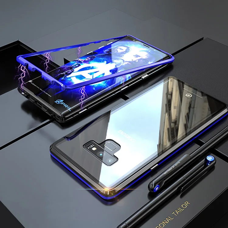Для samsung Galaxy Note 9 чехол Роскошный Жесткий магнитный металлический каркас прозрачный стеклянный противоударный чехол для телефона Note 9 чехол - Цвет: Black Blue
