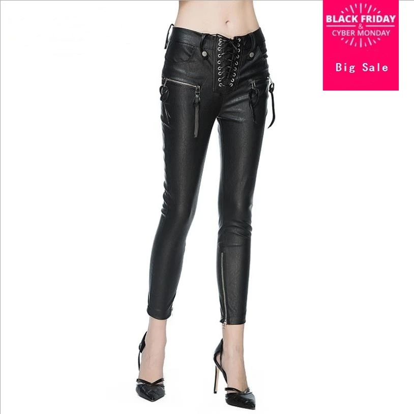 

2018 Autumn Fashion New Women Pencil PU leather Pants Skinny Trousers female Slim Lady Zippers lace up Ankle-length Pant L317