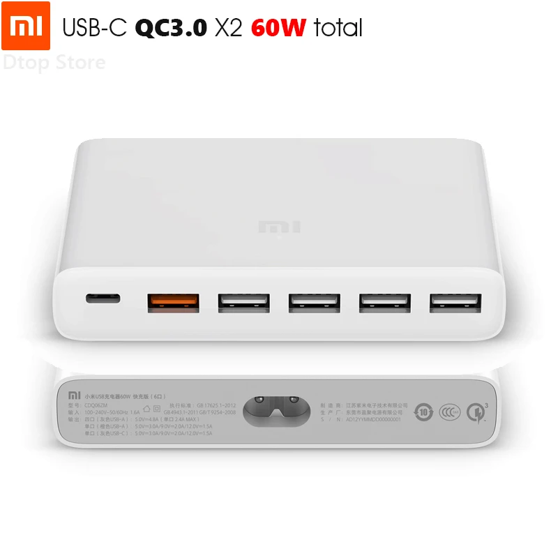 

Original Xiaomi USB-C 60W(Total) Charger Smart Output 1 Type-C 5 USB-A Dual QC 3.0 Quick Charge 18W x2 + 24W(5V=2.4A MAX)